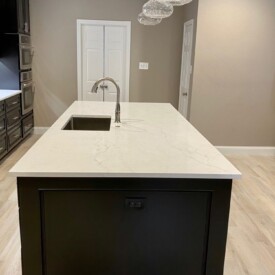 3cm "Silver Stallion" quartz countertops with zero radius stainless steel undermount sink